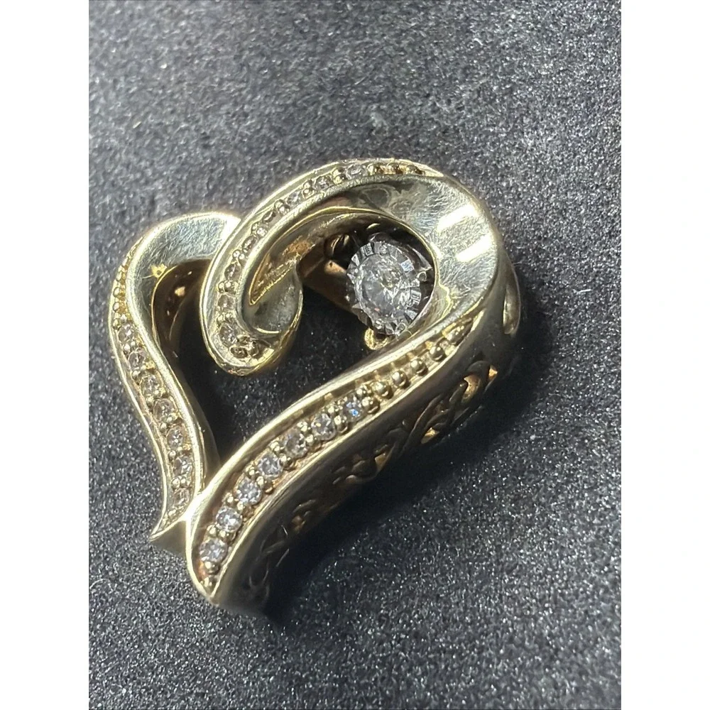 Vintage 10K Yellow Gold Diamond Heart Ribbon Pendant 2.4g Signed OTC Genuine